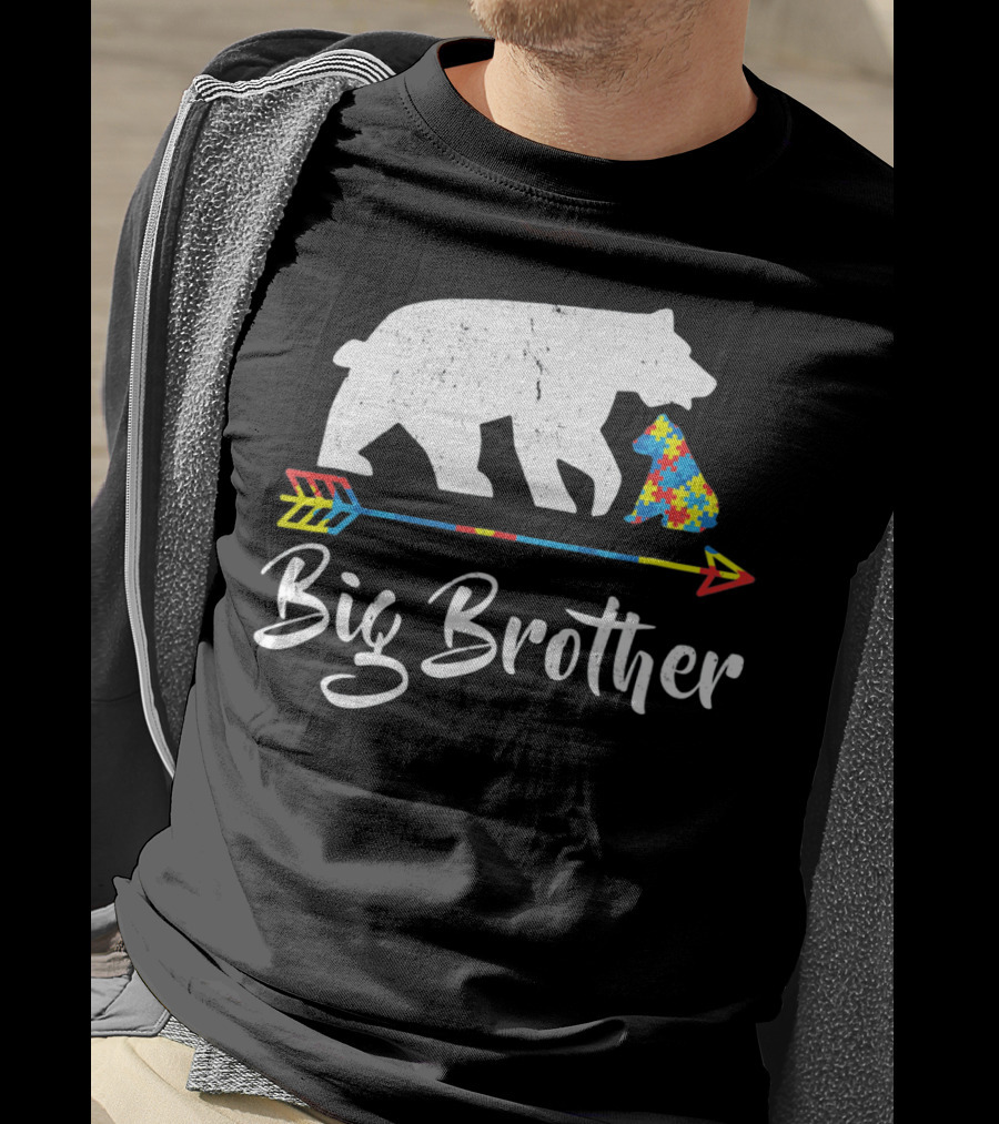 Big Brother Bear Autism Awareness Puzzle Pattern Arrow T-Shirt