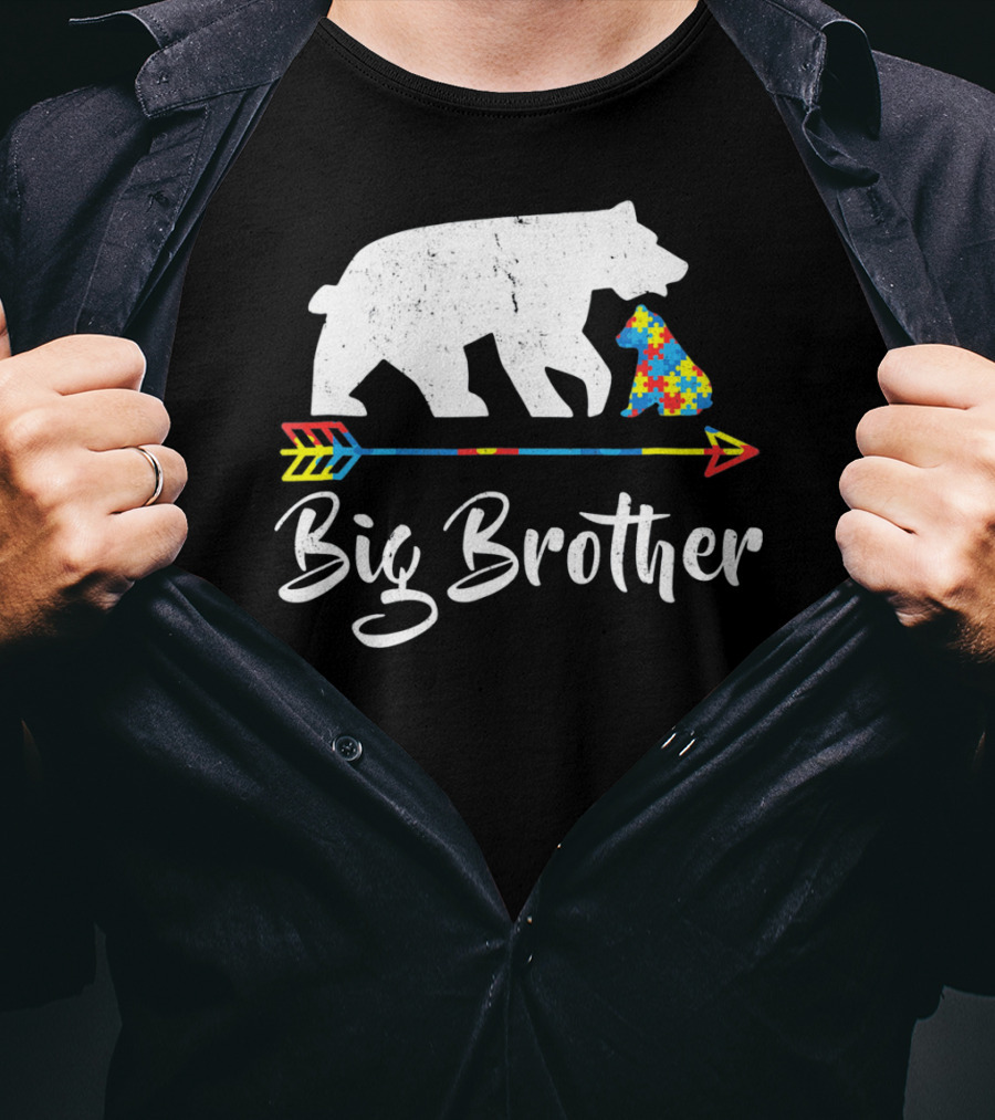 Big Brother Bear Autism Awareness Puzzle Pattern Arrow T-Shirt