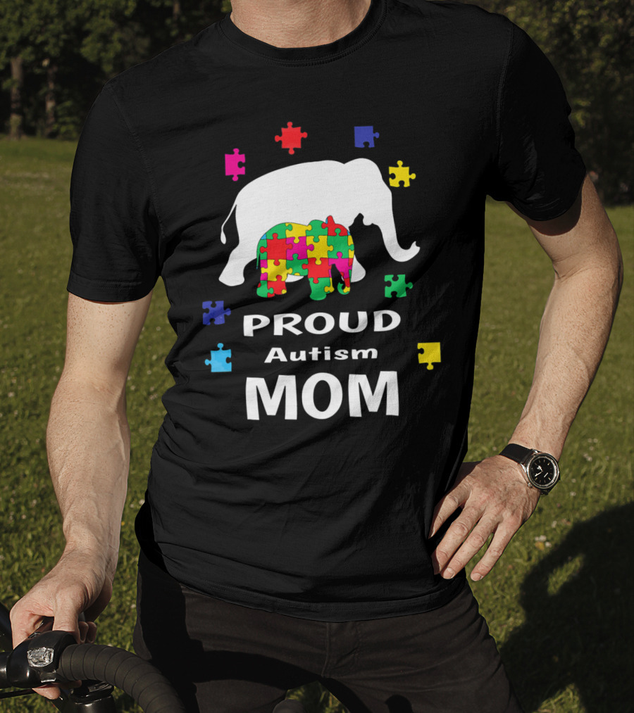 Proud Autism Mom Elephant Puzzle Piece Awareness T-Shirt