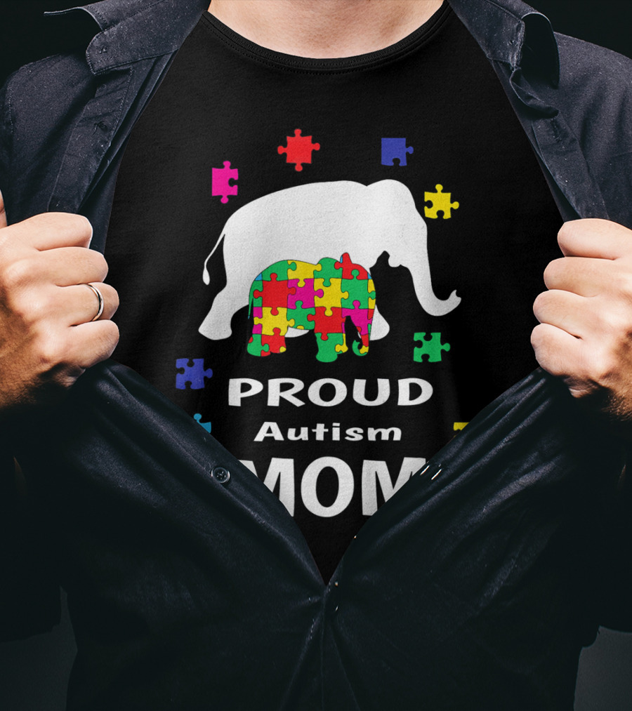 Proud Autism Mom Elephant Puzzle Piece Awareness T-Shirt