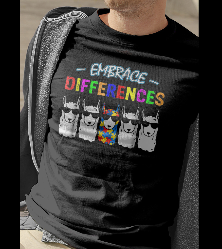 Embrace Differences Llama Autism Awareness Puzzle T-Shirt