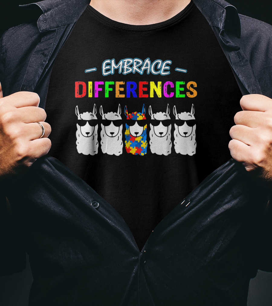 Embrace Differences Llama Autism Awareness Puzzle T-Shirt