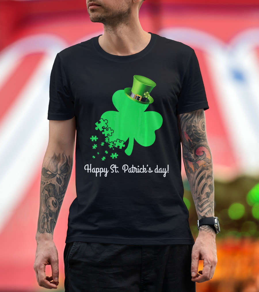 Happy St. Patrick's Day Shamrock with Puzzle Pieces Autism Awareness T-Shirt
