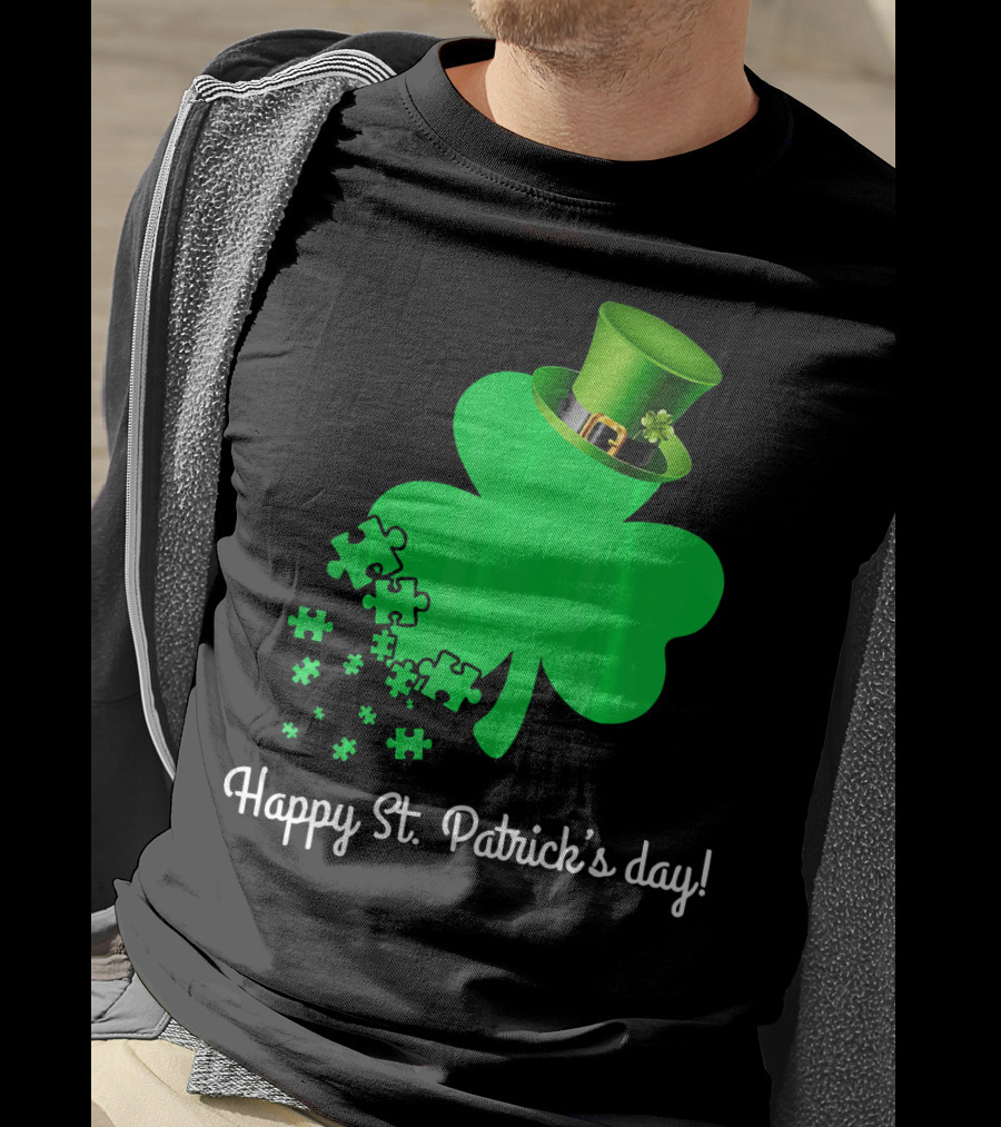 Happy St. Patrick's Day Shamrock With Puzzle Pieces Autism Awareness T-Shirt