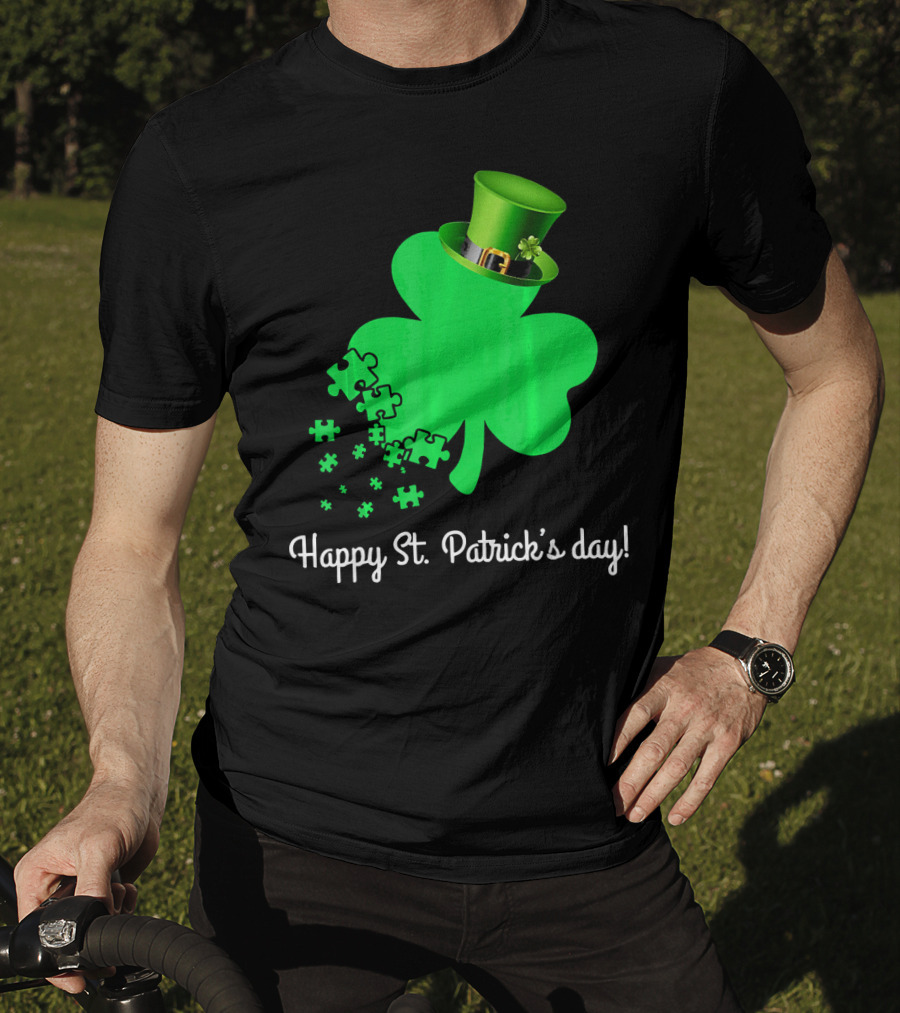 Happy St. Patrick's Day Shamrock With Puzzle Pieces Autism Awareness T-Shirt