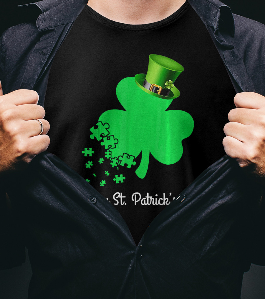 Happy St. Patrick's Day Shamrock With Puzzle Pieces Autism Awareness T-Shirt