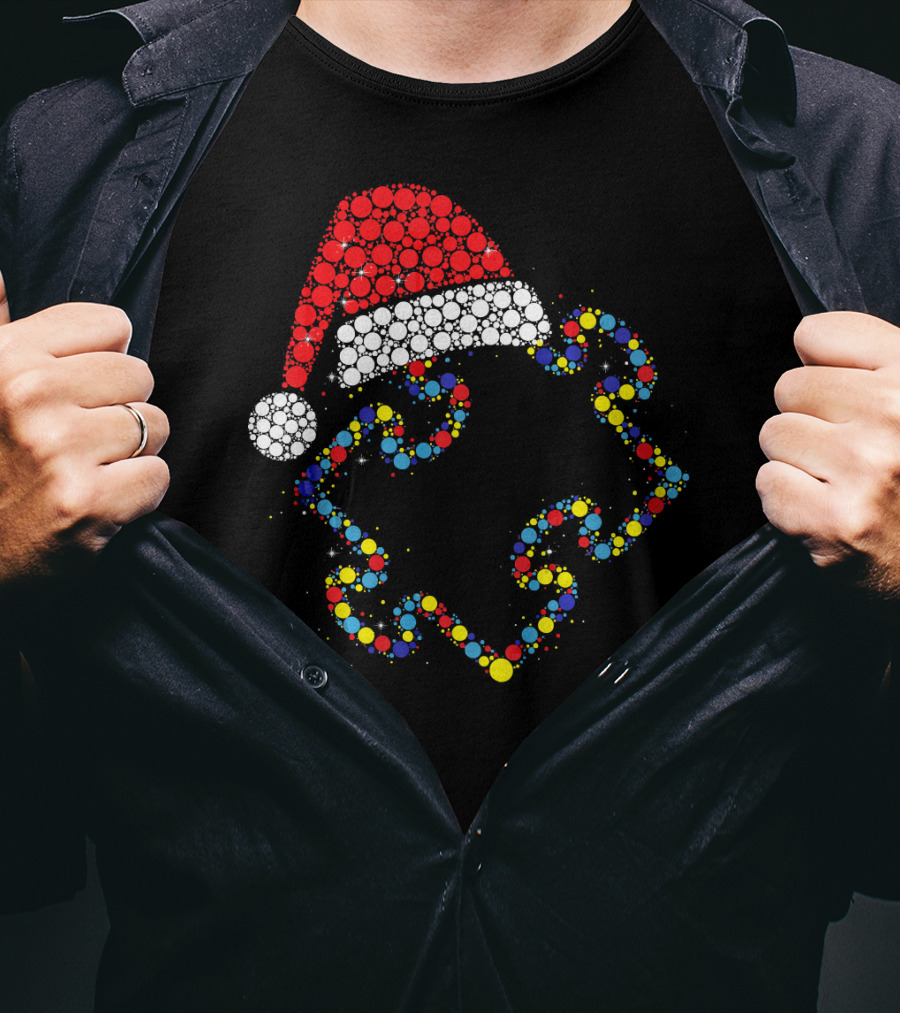 Santa Hat With Colorful Puzzle Pieces Autism Awareness T-Shirt