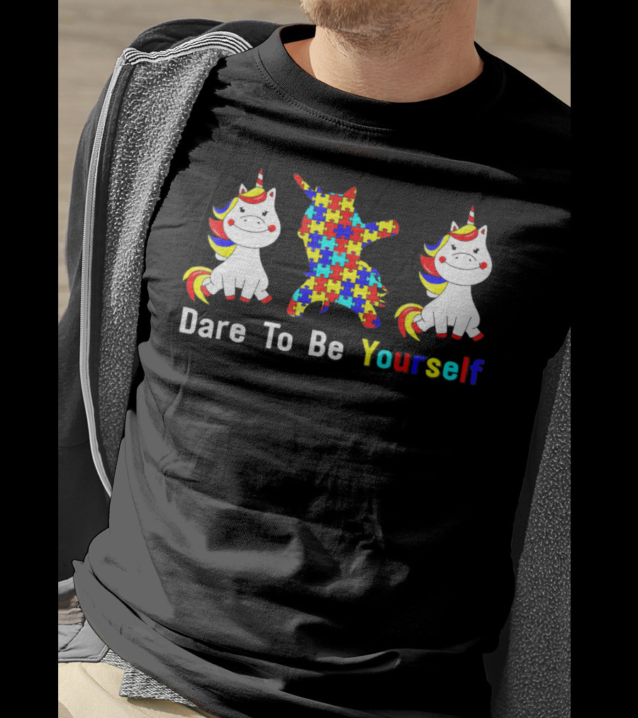 Dare To Be Yourself Autism Awareness Unicorn Puzzle Dabbing T-Shirt