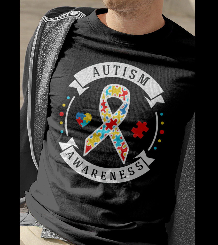 Autism Awareness White Puzzle Piece Ribbon Heart T-Shirt