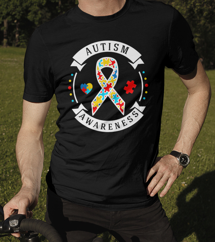 Autism Awareness White Puzzle Piece Ribbon Heart T-Shirt