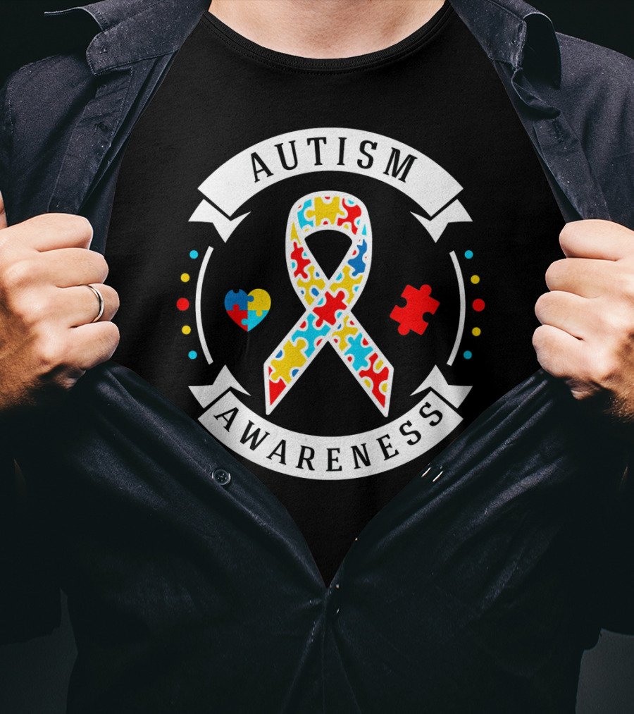Autism Awareness White Puzzle Piece Ribbon Heart T-Shirt