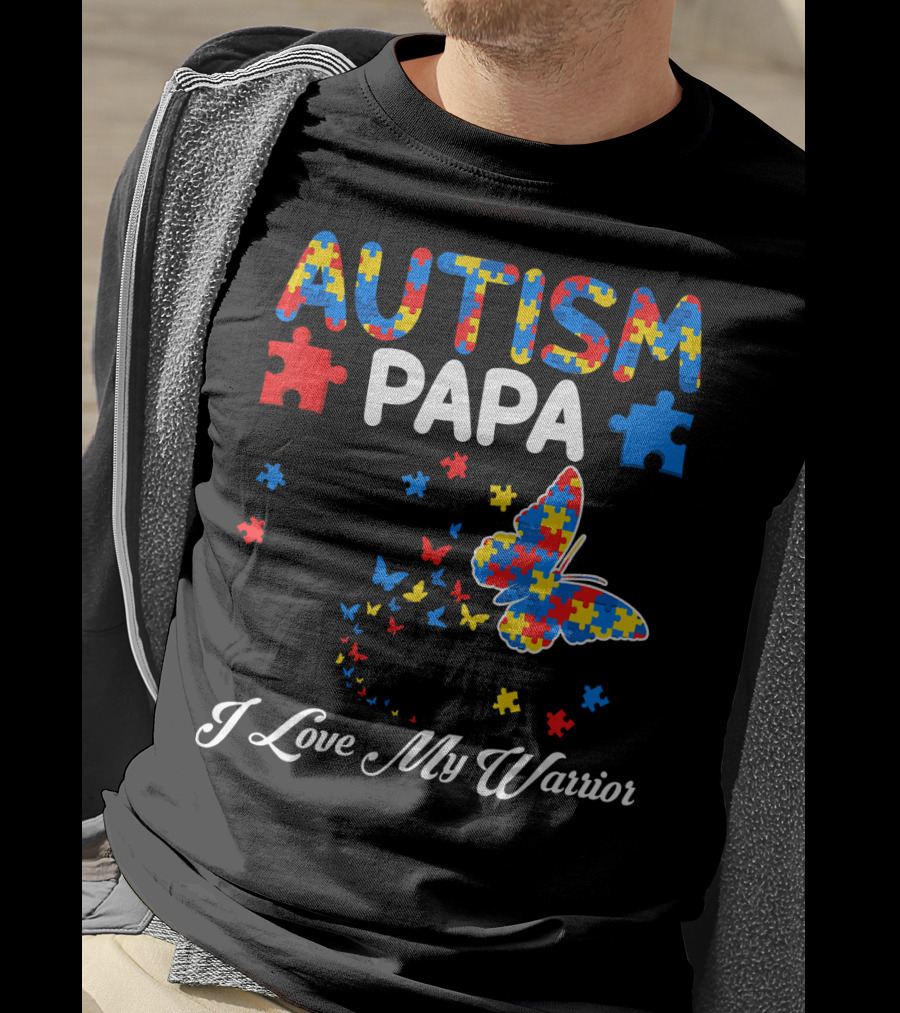 Autism Papa I Love My Warrior Butterfly Puzzle T-Shirt
