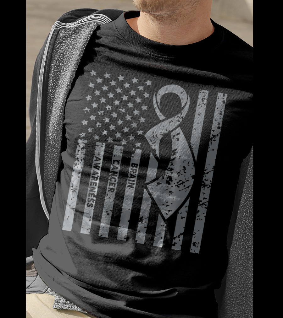 Brain Cancer Awareness Ribbon American Flag T-Shirt