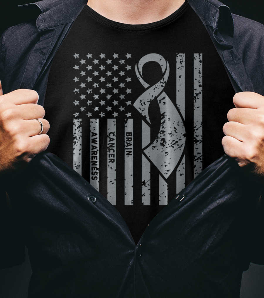 Brain Cancer Awareness Ribbon American Flag T-Shirt