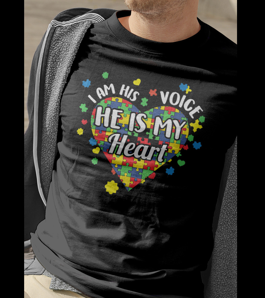 I Am His Voice He Is My Heart Autism Awareness Puzzle Heart T-Shirt