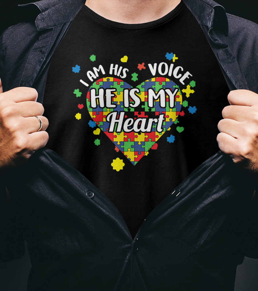 I Am His Voice He Is My Heart Autism Awareness Puzzle Heart T-Shirt