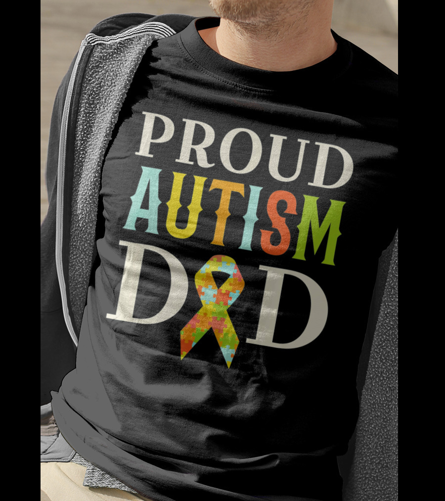 Proud Autism Dad Multicolor Puzzle Ribbon Awareness T-Shirt