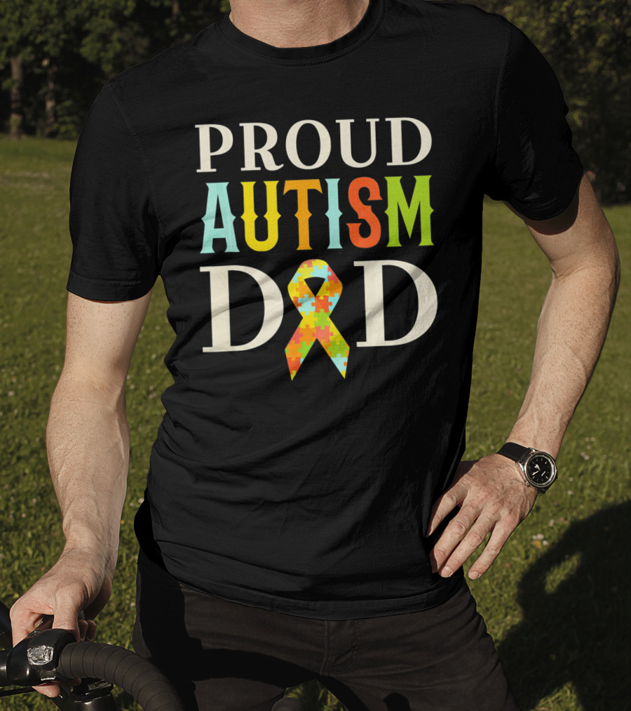 Proud Autism Dad Multicolor Puzzle Ribbon Awareness T-Shirt