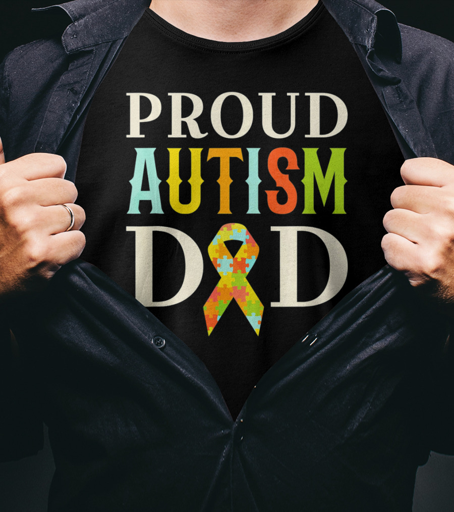 Proud Autism Dad Multicolor Puzzle Ribbon Awareness T-Shirt
