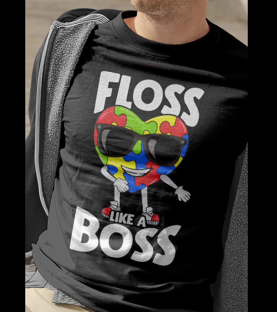 Autism Awareness Floss Like A Boss Puzzle Heart Wearing Sunglasses T-Shirt