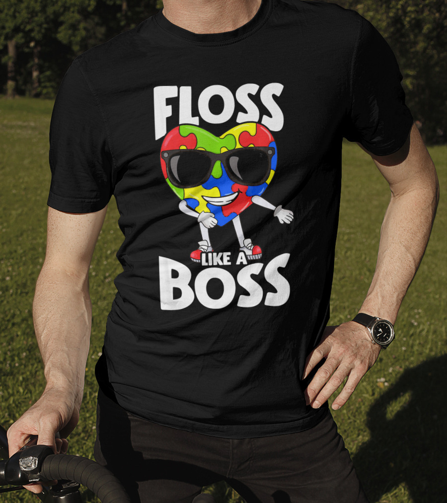 Autism Awareness Floss Like A Boss Puzzle Heart Wearing Sunglasses T-Shirt