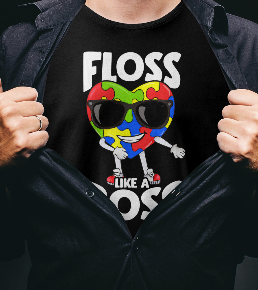 Autism Awareness Floss Like A Boss Puzzle Heart Wearing Sunglasses T-Shirt