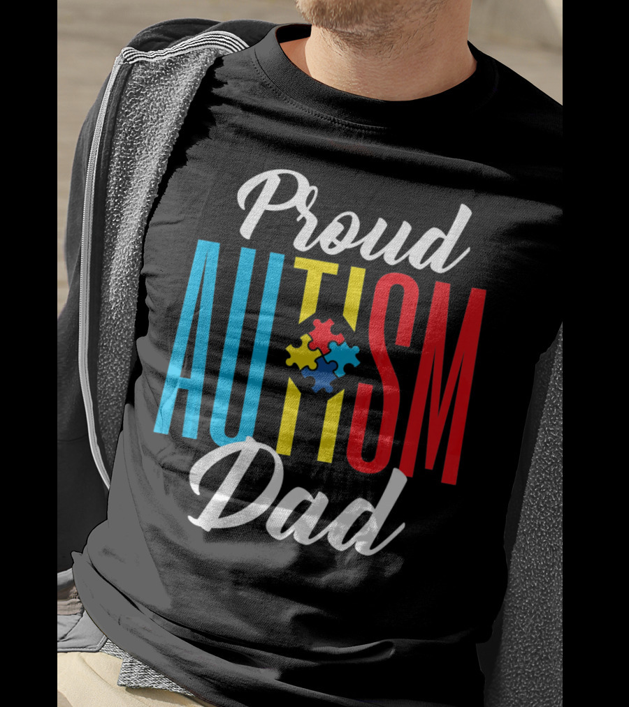 Proud Autism Dad Puzzle Piece Awareness Support T-Shirt