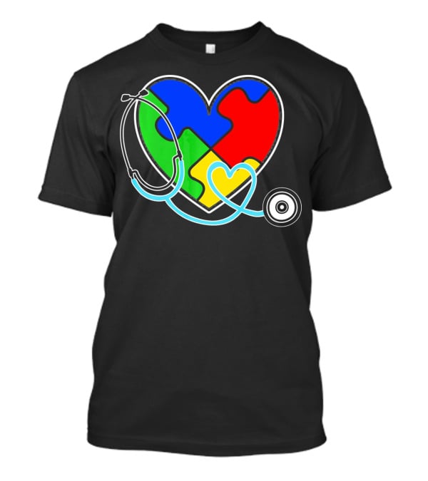 Nurses Autism Awareness Heart With Puzzle Pieces And Stethoscope T-Shirt