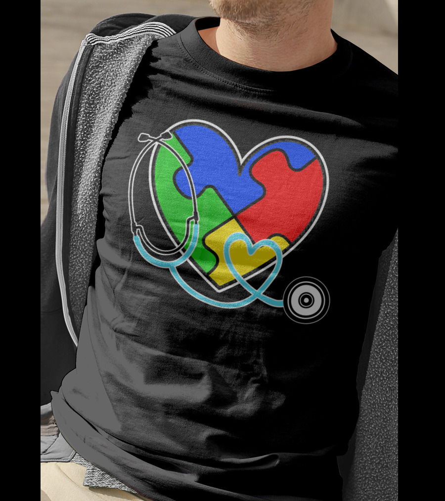 Nurses Autism Awareness Heart With Puzzle Pieces And Stethoscope T-Shirt