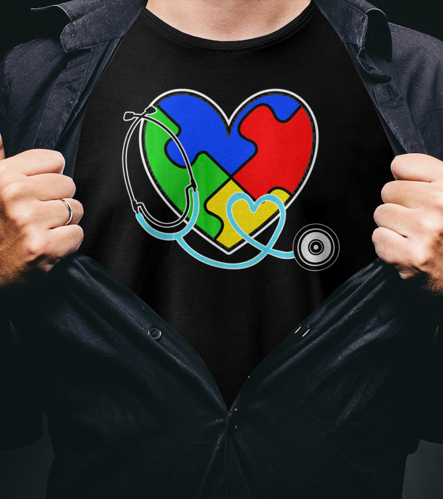 Nurses Autism Awareness Heart With Puzzle Pieces And Stethoscope T-Shirt