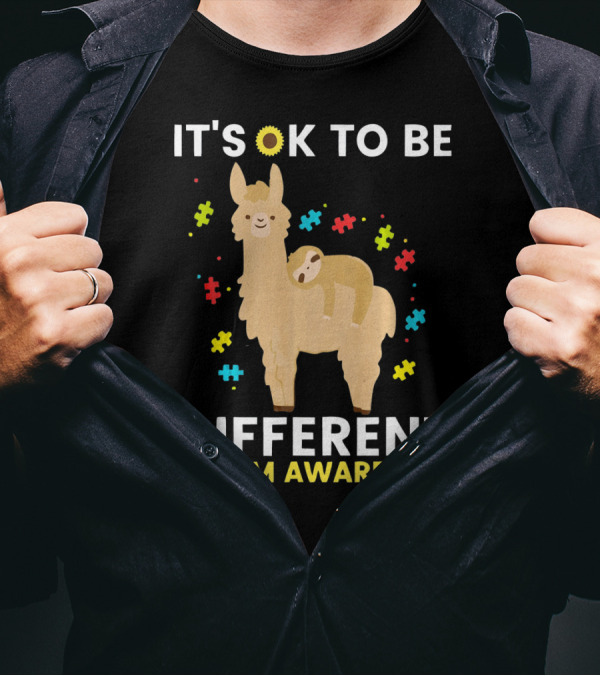 It's OK To Be Different Llama Sloth Autism Awareness T-Shirt