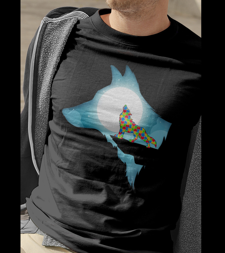 Wolf Wolf Autism Autism Awar Puzzle Wolf Moon T-Shirt