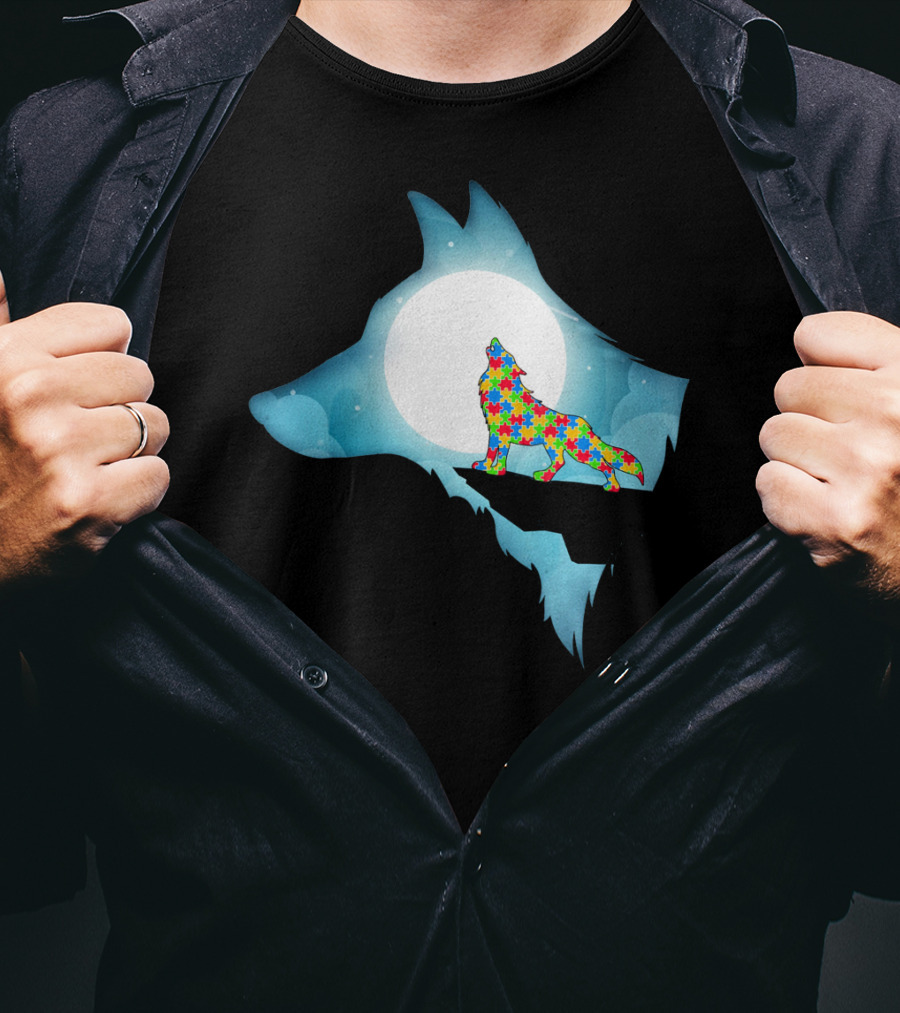 Wolf Wolf Autism Autism Awar Puzzle Wolf Moon T-Shirt