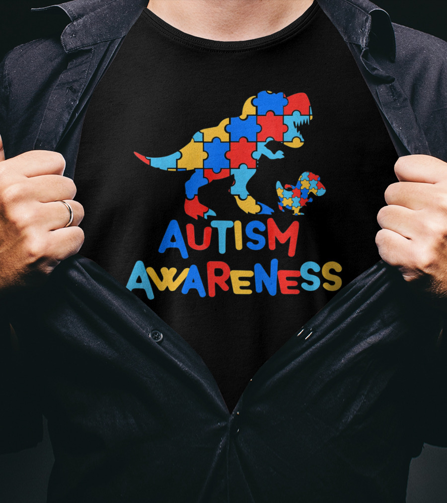 Dinosaur Puzzle Autism Awareness Colorful Piece T-Shirt