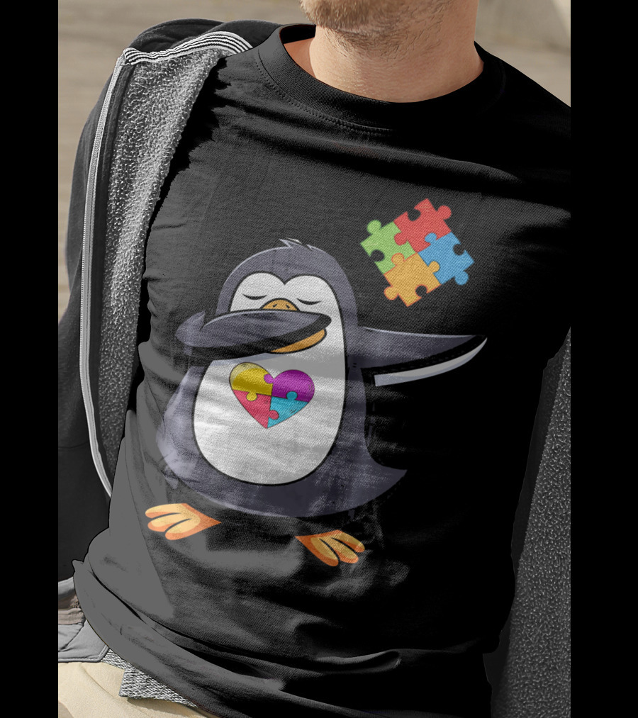 Penguin Dab Puzzle Piece Heart Autism Awareness T-Shirt