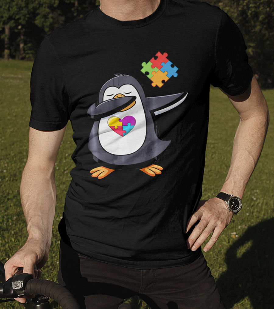 Penguin Dab Puzzle Piece Heart Autism Awareness T-Shirt
