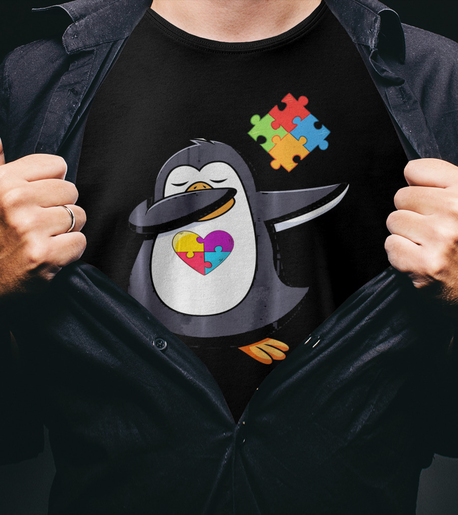 Penguin Dab Puzzle Piece Heart Autism Awareness T-Shirt