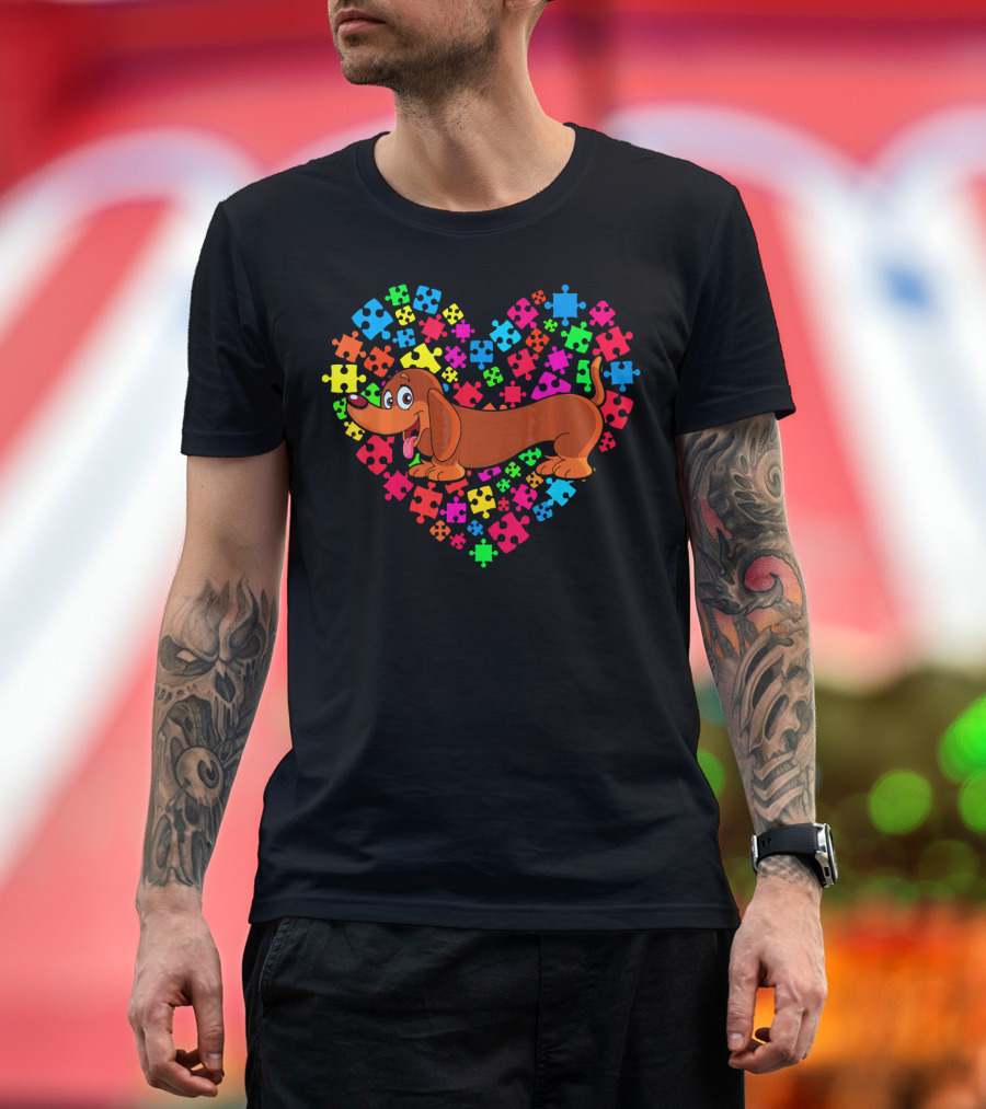 Autism Awareness Dachshund Dog Heart Puzzle Pieces T-Shirt