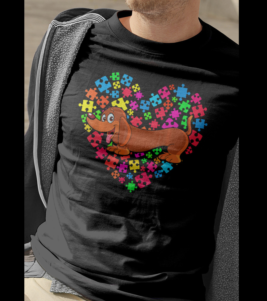 Autism Awareness Dachshund Dog Heart Puzzle Pieces T-Shirt