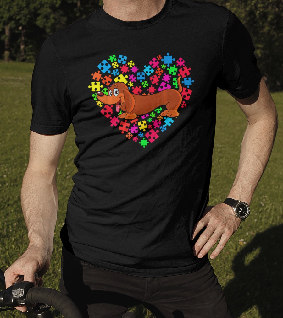 Autism Awareness Dachshund Dog Heart Puzzle Pieces T-Shirt