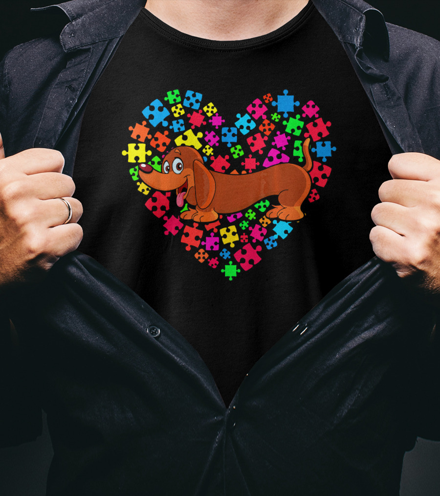 Autism Awareness Dachshund Dog Heart Puzzle Pieces T-Shirt