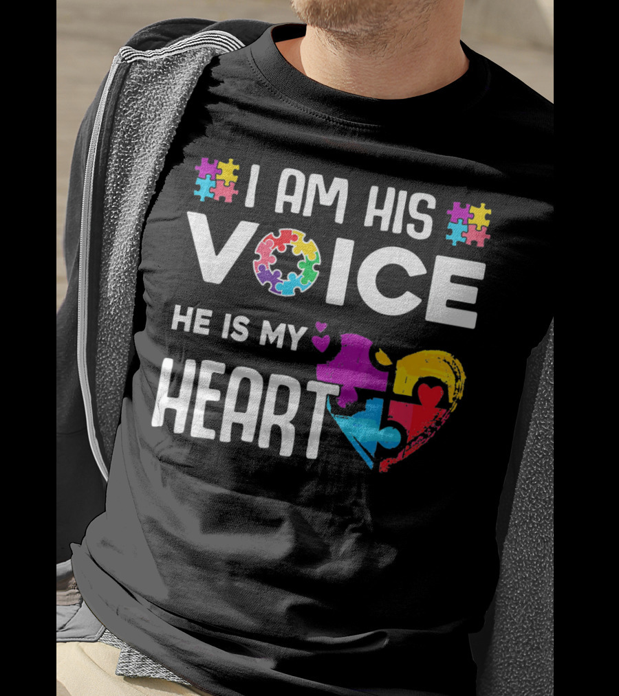 Autism Awareness I Am His Voice He Is My Heart Puzzle Piece Heart T-Shirt