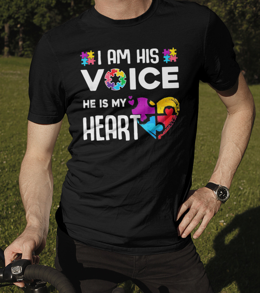 Autism Awareness I Am His Voice He Is My Heart Puzzle Piece Heart T-Shirt