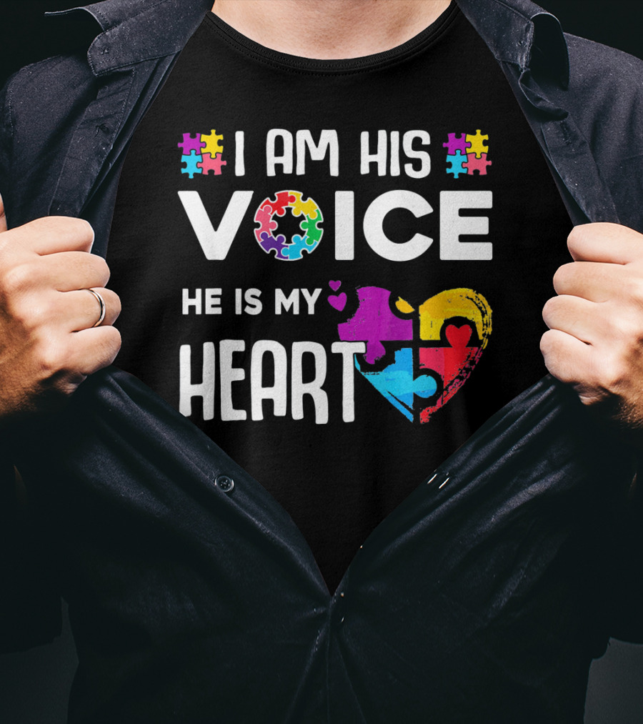 Autism Awareness I Am His Voice He Is My Heart Puzzle Piece Heart T-Shirt
