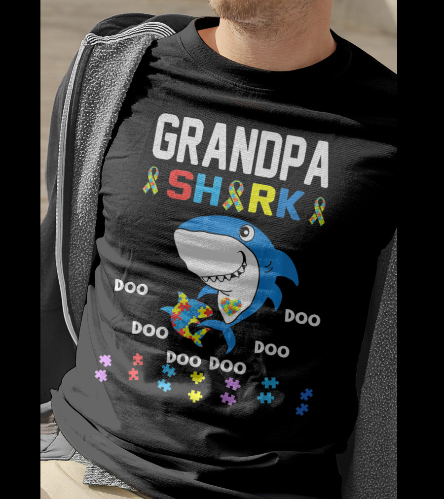 Grandpa Shark Autism Awareness Doo Doo Doo Puzzle T-Shirt