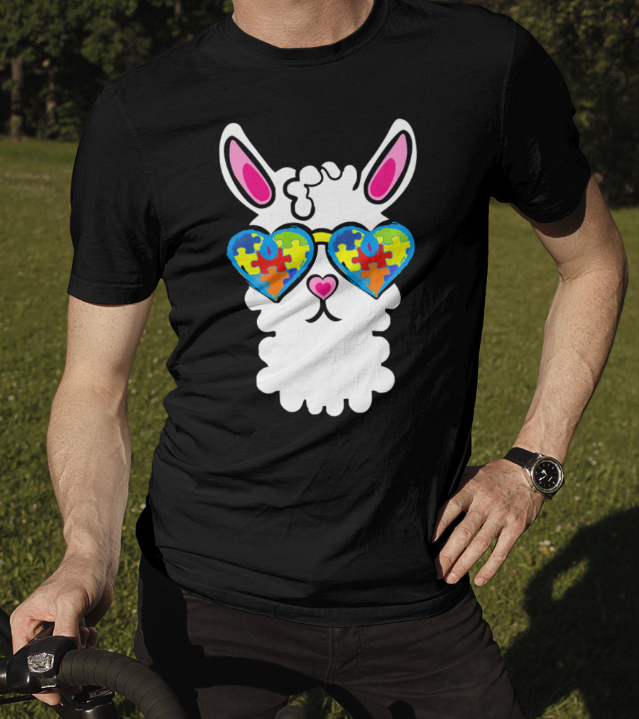 Autism Awareness Llama Heart Puzzle Sunglasses T-Shirt