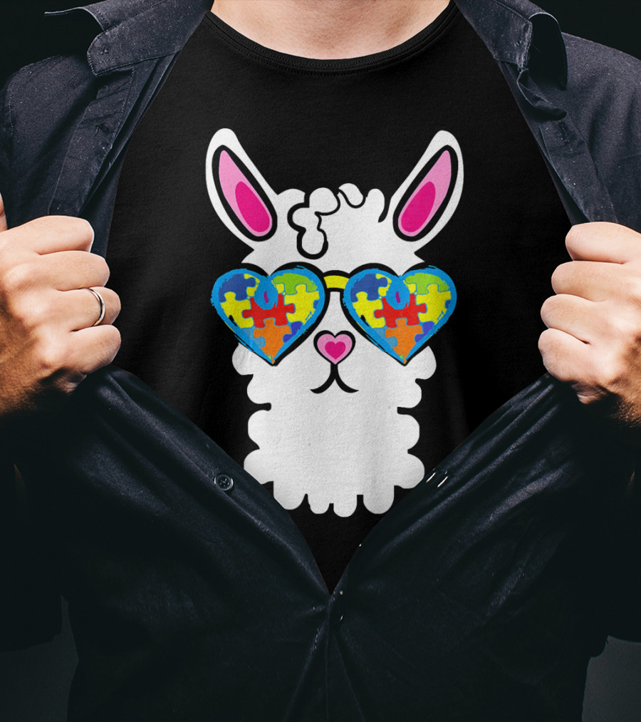 Autism Awareness Llama Heart Puzzle Sunglasses T-Shirt