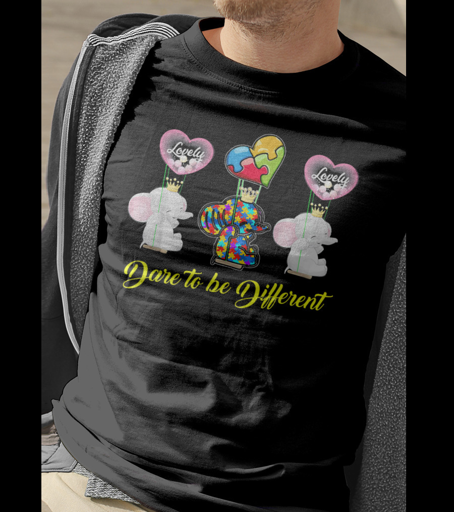 Lovely Dare To Be Different Autism Awareness Elephants With Heart Balloons T-Shirt