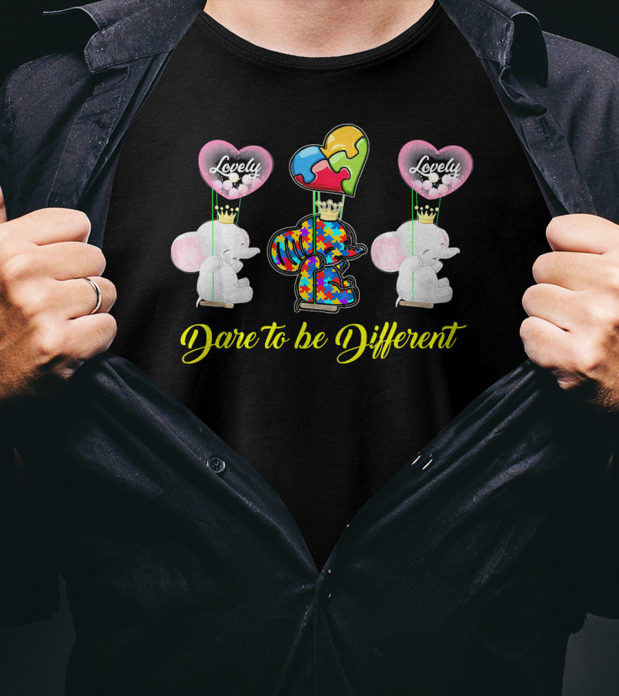 Lovely Dare To Be Different Autism Awareness Elephants With Heart Balloons T-Shirt