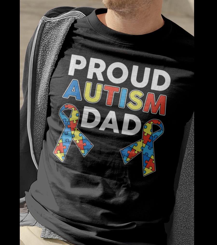 Proud Autism Dad Awareness Ribbon Puzzle T-Shirt